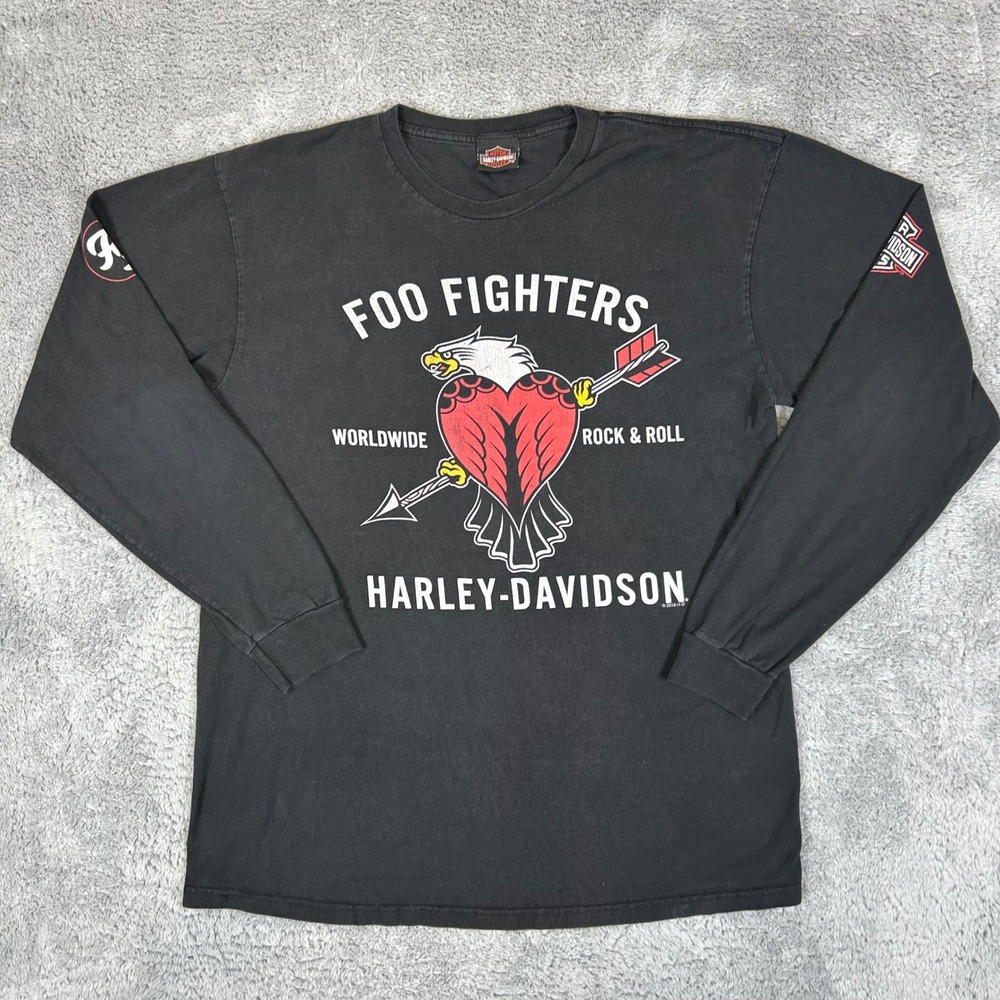 Foo Fighters Harley-Davidson Long Sleeve Shirt Black Eagle Heart Graphic Mens L